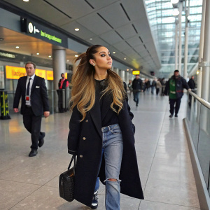 Ariana Grande arriving at London Heathrow Airport. Dressed in black coat and jeans, hair in loose waves