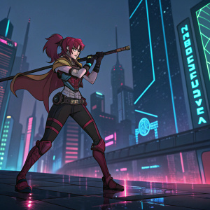 Pyrrha Nikos, from RWBY, striking a determined pose with her weapon. Cyberpunk cityscape background, neon lights
