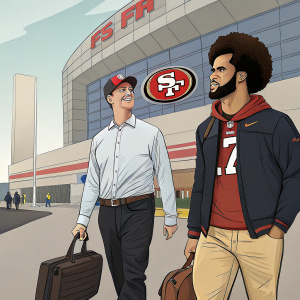 Cartoon illustration: Jim Harbaugh and Colin Kaepernick stand outside a stadium with an SF logo. Jim, Caucasian, smiling, in a shirt with a large M. Colin, African American, carrying luggage, serious expression.