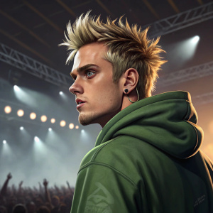 Aaron Carter, intense gaze, spiky hair, in a casual green hoodie. Concert backdrop, loud cheering crowd