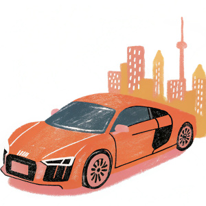 A digital render of a shiny black Audi R8 V10 Plus, sleek design with aerodynamic curves, distinctive grille featuring the Audi logo. Set against a neon-lit cityscape at night.