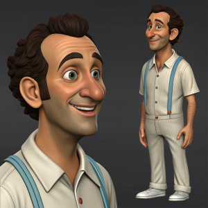 A digital 3D render illustration of Larry from Leisure Suit Larry series. Multiple poses and angles. Close-up views highlight his friendly facial features and expressions. Larry has a brown complexion and a prominent nose. Dark gray background.
