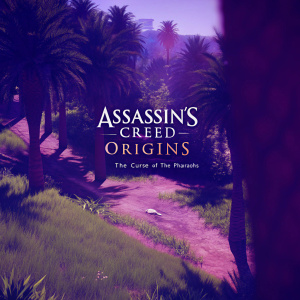 3D render of a vibrant tropical landscape from Assassin's Creed Origins: The Curse of the Pharaohs. Rich green foliage, towering palm trees, golden sunlight, winding paths, and rolling hills. Title 'Assassin's Creed Origins: The Curse of the Pharaohs' visible