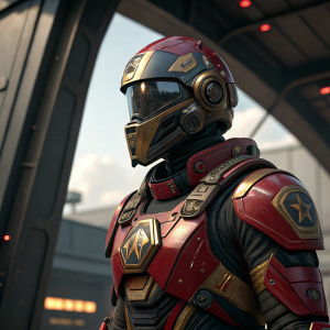 Futuristic character in a sleek, sci-fi armor. Red and gold accents. Detailed visor and tech panels. CGI scene.