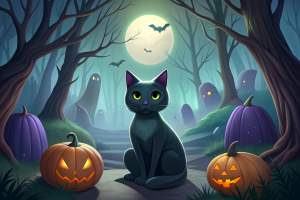 create an illustration expressing superstitions ...add a black cat, black dolls, give some halloween effect..keep the theme serious and mature..