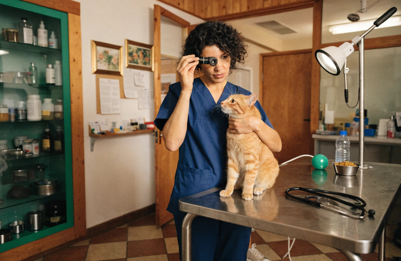 The veterinarian examined the cat again.