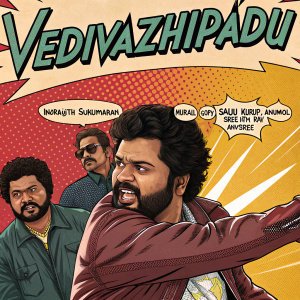 A vibrant comic book style poster for the Malayalam film Vedivazhipadu featuring actors Indrajith Sukumaran, Murali, Gopy, Saiju Kurup, Anumol, Sreejith Ravi, and Anusree in dynamic poses.