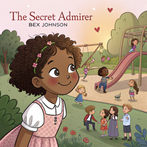 Cartoon illustration for 'The Secret Admirer' by Bex Johnson. A young girl with curly hair and brown skin, surrounded by a diverse group of kids, all in pastel colors.