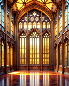 grand lobby wood hight wall hight 4 window gothic glass- high-definition - brown and black wood wall- old wood grey -stone floor background 