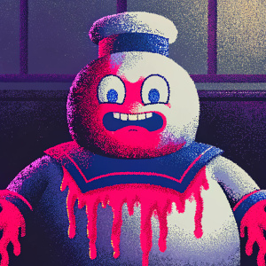 Angry Stay Puft Marshmallow Man, melted marshmallow covering his body. Pixel art style with a limited color palette, illustration