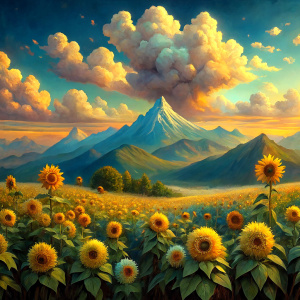 Vintage Old, Soft Colors, Oil Painting, Landscape Sunflowers, Mountains, Sky and Clouds. Photo Realistic