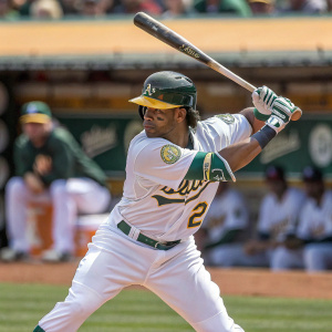 Khris Davis in intense batting stance. Clear photo showing white jersey with green trim, batting helmet, and protective gear. Faint crowd and blurred players in background.