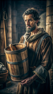  bucket, a symbol of medieval Modena's pride. really handsome citizen holding the beautiful wooden bucket full of pride. HD. 8K. ULTRA REALISTIC. cinematic.  dramatic light.