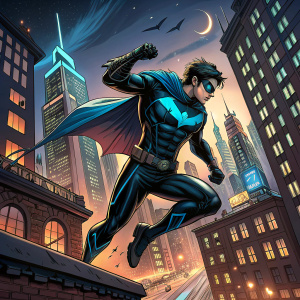 Digital art of Nightwing, DC Comics hero. Vibrant cityscape background