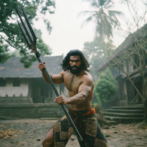 Muscled male warrior from Hindu mythology, shirtless, adorned with intricate patterns on lower garment. Fierce expression, wielding a trident, ready for battle.