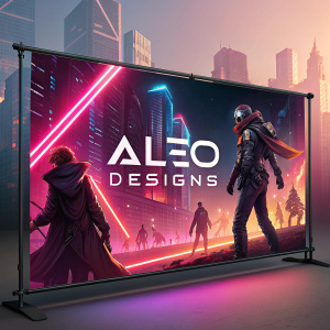 Eye-catching banner ad for ALEO Designs. Vibrant colors, sleek sans-serif font, dynamic graphics featuring a futuristic cityscape and glowing neon lights. Video game inspired design with characters from a cyberpunk universe.