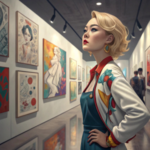 Rinko Kikuchi, with blonde hair and makeup, posing in a modern art gallery. The walls are lined with abstract paintings.