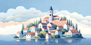 White illustration, Rene magritte style, isolated surrealistic collage of a lot of old Austrian houses and trees on island, huge ocean and big sky, light pastel colors, asymmetrical composition, zoom out view, grainy texturing paper