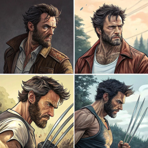 Four panel comic strip featuring Logan from the Wolverine series. Each panel rendered in distinct art styles.