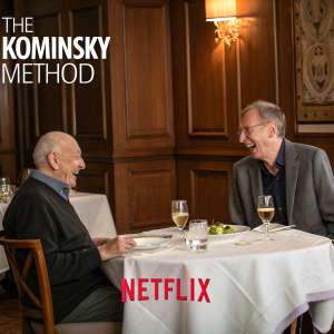 A promotional shot for 'The Kominsky Method'. Alan Arkin and Norman McNally laughing heartily around a table. Elegant dining room with wooden panels, white tablecloth, and glasses. Netflix logo prominently displayed.