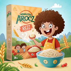 Packaging design for Mamalucchetti arroz. Illustration of a cartoon character with a big smile and curly hair.