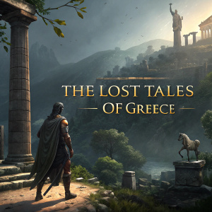 Promotional artwork for Assassin's Creed Odyssey. Dark, textured background with ancient Greek elements. Gold text reads 'The Lost Tales of Greece'.