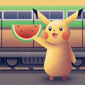 Pokémon-themed Shinkansen train. Pikachu standing next to a giant watermelon icon. Vibrant green and purple accents. Flat illustration style.