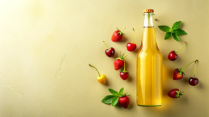 Tropical soft drink bottle concept design. Yellow color scheme theme design, some cut cherries and strawberries next to the bottle, lighting, cinematic, solid, realistic