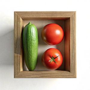 one cucumber and one tomato are lying in a wooden box on a white background top view
