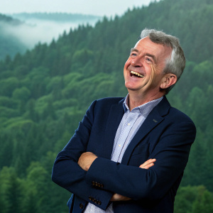 Michael O'Leary, CEO of Ryanair, smiles widely. Standing in front of a green forest landscape, no logos visible.