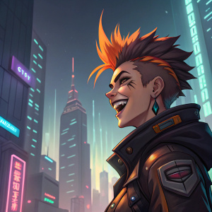 Lena Oxtong, Overwatch character, grinning wildly. Cyberpunk cityscape backdrop. Orange highlights in spiky hair.