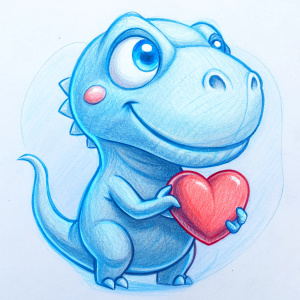 Cute T-rex holding in his hands red heart