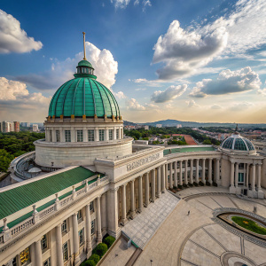 Aerial view of the grand library with its iconic green dome. Neoclassical columns and intricate detailing. Blue sky and white clouds.