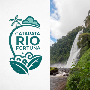 Digital artwork featuring two logos for Catarata Rio Fortuna. Left logo: stylized plant and cloud design, teal-green hues. Right logo: bold font and butterfly graphic, contemporary style. Both logos set against a crisp white backdrop.