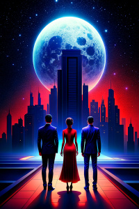 Under the full moon shining in the sky, two men and two women standing on the earth, the women in red dresses and the men in suits, look at the full moon, creating a mysterious atmosphere.