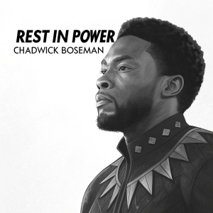 Digital painting featuring Chadwick Boseman as T'Challa from Black Panther. Minimalist black and white design with 'Rest In Power Chadwick Boseman' text on top.