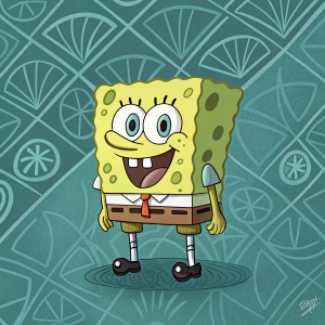 Digital illustration of SpongeBob SquarePants. Muted green and blue color scheme. Background has intricate geometric patterns