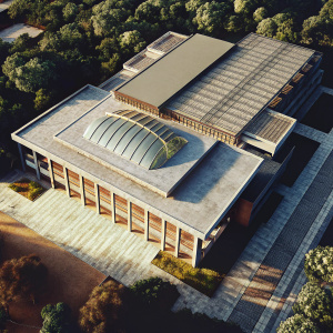 3D rendering of the Department of Culture Complex at Adamson University. Modern architecture amidst lush greenery. Stunning aerial view showcasing intricate design and layout.