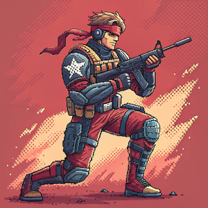 Pixel art illustration of a character from Metal Gear Solid 2: Sons of Liberty, in combat-ready stance. Detailed armor set. Vibrant red background.