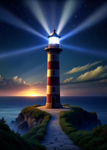 The lighthouse shines at night