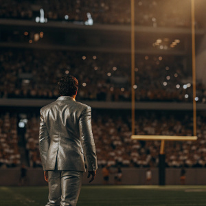 Derek Carr, wearing a sleek silver suit, standing on a vibrant green football field. Crowd in the background.