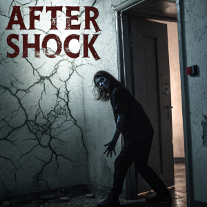 Movie poster for 'After Shock', a Thai horror film. Dark and eerie, with a shadowy creature rising from a cracked wall. Dominated by Thai text and shades of gray and black. Intriguing horror elements