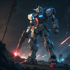 A detailed rendering of the Gundam Exia, a futuristic war machine with intricate mechanical parts. Dark battlefield background, light effects emphasizing the blue and red details.