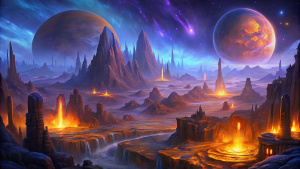 fondo planetas nocturno con montañas y picos rocosos ciudades fantasia y agua naranja niebla oscuridad, planetas y galaxias, dorado negros, selva, ciudades antiguas, de lava, bosque, columnas de luz, cementerio de almas, noche, animas, lluvia de estrellas, remolino. ciudades en penumbra, cascadas agua, nubes de galaxias, ciudades pequeñas, ciudades negras, bosques y lava, 