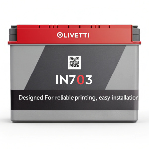 Olivetti IN703 Ink Cartridge Packaging: Sleek grey base with bold red accents. Red Olivetti logo at top, 'IN703' in large font below. Product details in clear, concise text. 'Designed for reliable printing, easy installation' message on side. Barcode, QR code for online support.