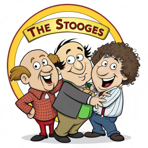 A cartoon logo featuring The Three Stooges, Larry, Moe, and Curly. The trio, with their signature wide eyes and broad grins, are set against a plain white background. A circular emblem, with bold yellow text reading 'The Stooges,' stands prominently at the center. The characters are positioned in a friendly embrace, faces turned toward each other in a moment of slapstick humor. The design captures the spirit of classic cartoons with vibrant, primary colors and a simple, timeless look.