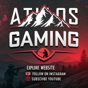 Dynamic gaming-themed graphic design for Athlos Gaming. Mountain-like logo with dark background and bold, abstract mountain design. Dark colors with red accents. Text prompts visitors to explore the website, follow on Instagram, and subscribe to the YouTube channel. Modern and edgy look with bold typography and a gaming-inspired aesthetic.