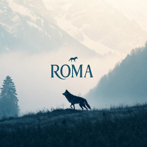Roma's brand logo. A modern, minimalist design with a sleek, sans-serif font paired with a subtle graphic of a wolf symbolizing the brand's heritage and identity.