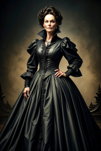 Period correct 40 yo attractive Victorian brunette in shiny black satin dress, very narrow waist and massive prominent bosom. long puff sleeves, floor length big skirt with petticoat.   by  dinner table