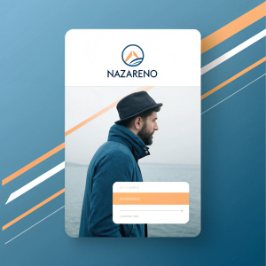 Modern login page design for Nazareno. Sleek Nazareno logo prominently displayed at the top. Simple and clean login box centered. Blue background with subtle orange and white accents.